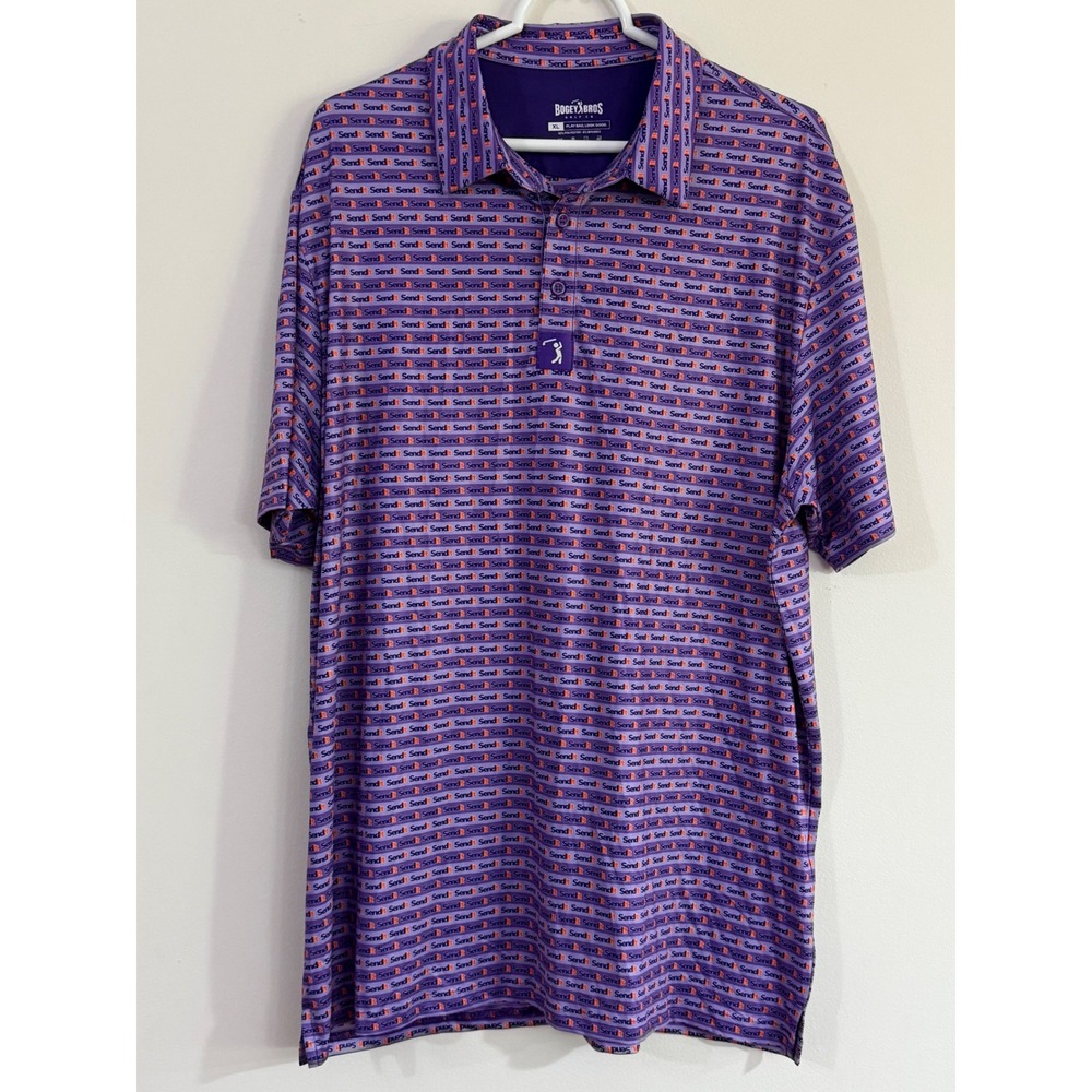 Bogey Bros Golf Co Mens XL Send It Performance Polo Shirt Purple Orange Stretch